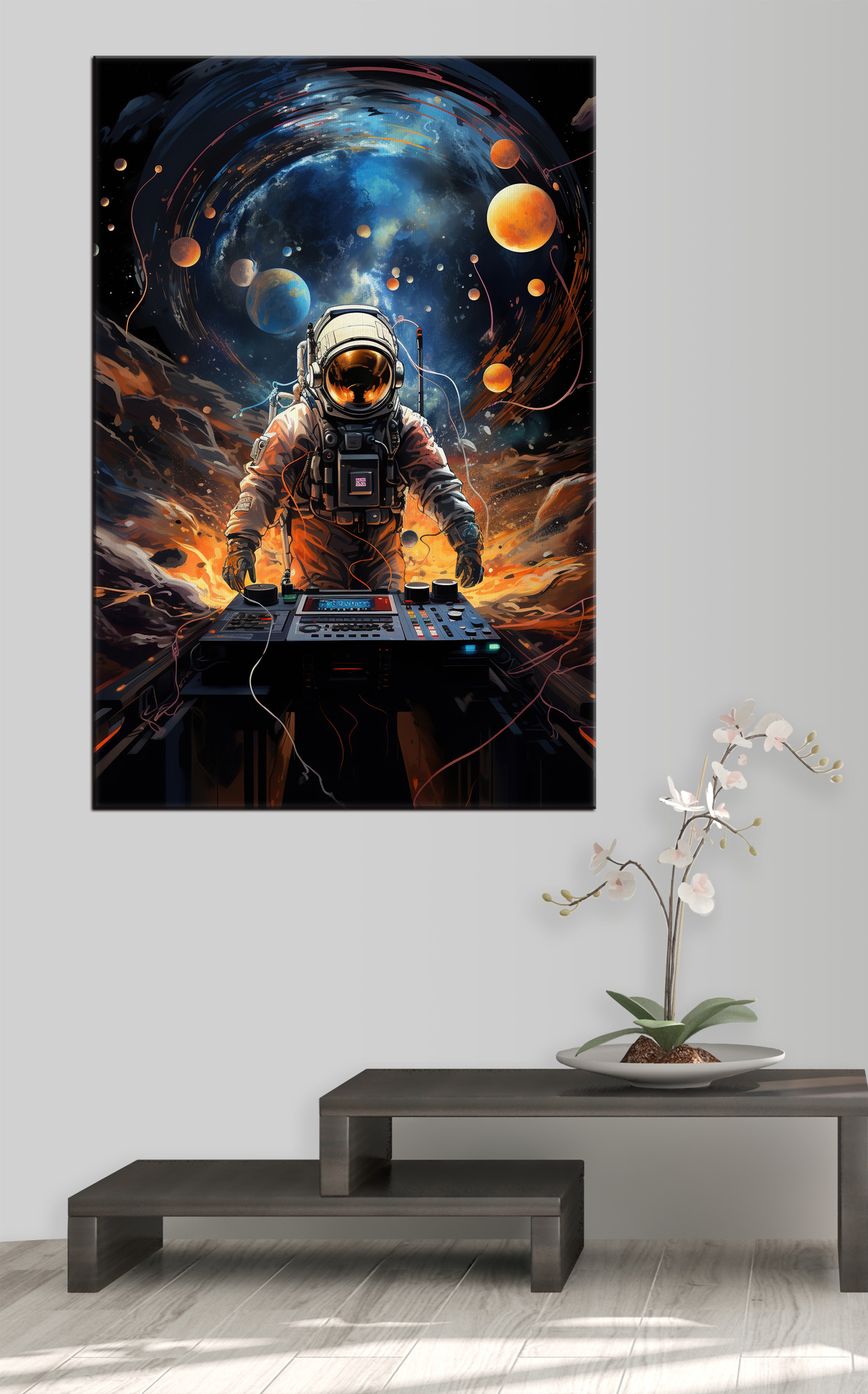 An astronaut in space with a machine