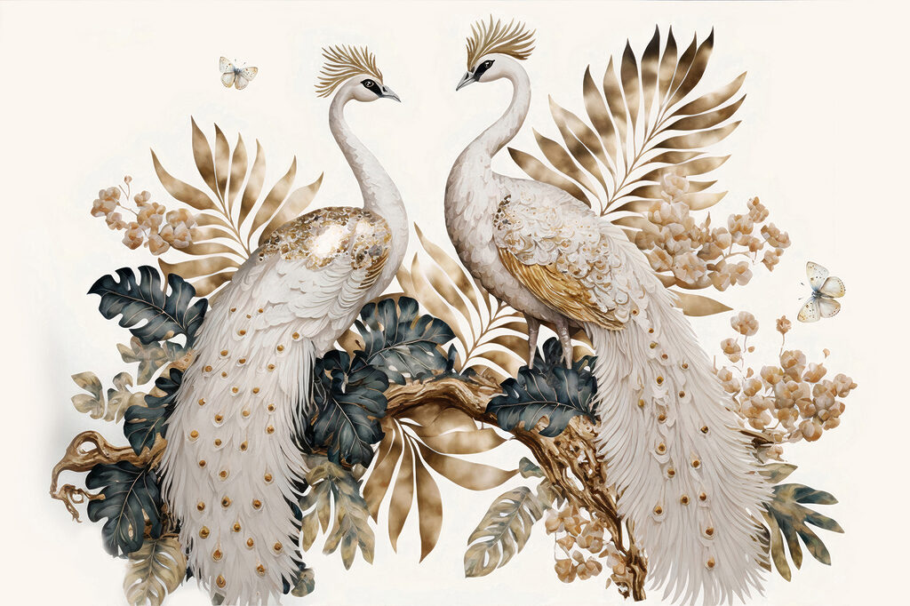 Elegant peacocks amidst serene floral beauty