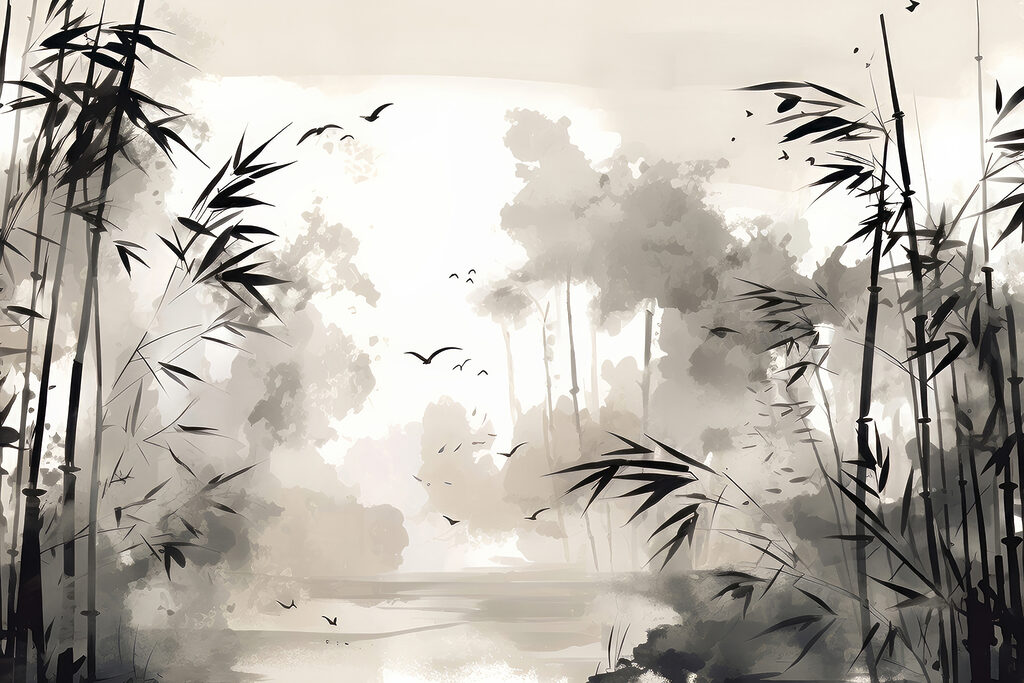 A black and white painting of trees and birds