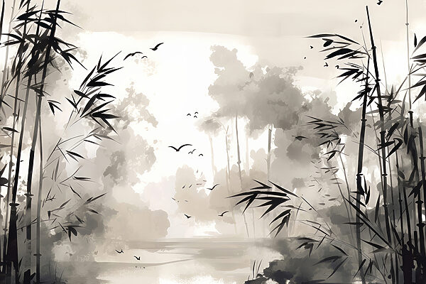 A black and white painting of trees and birds