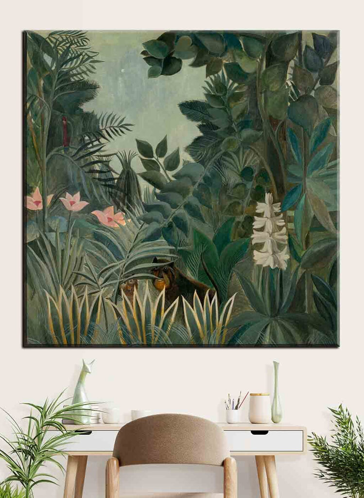 A painting of a jungle with plants and flowers