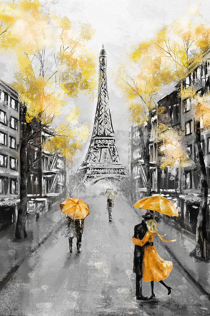 A painting of a street with people walking under an umbrella A painting of a street with people walking under an umbrella