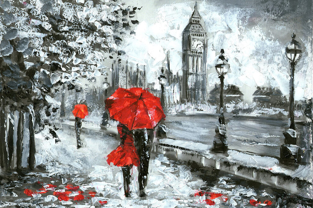 A painting of a couple holding umbrellas in a snowy city