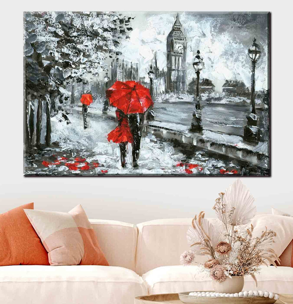 A painting of a couple holding umbrellas in a snowy city