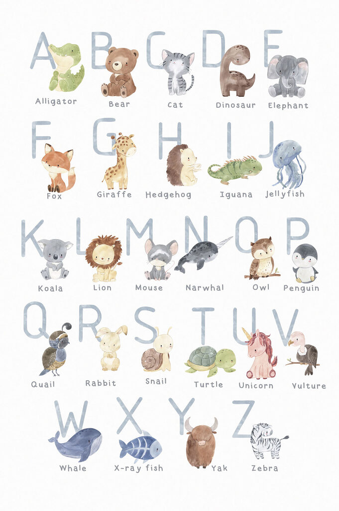 A poster with animals and letters A poster with animals and letters