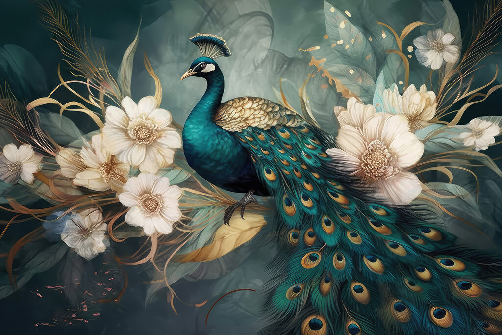 A peacock sitting on a branch with flowers A peacock sitting on a branch with flowers