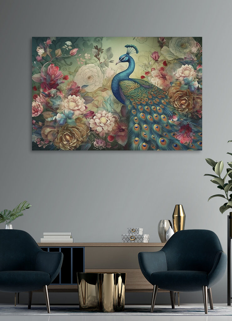 A peacock with flowers and leaves