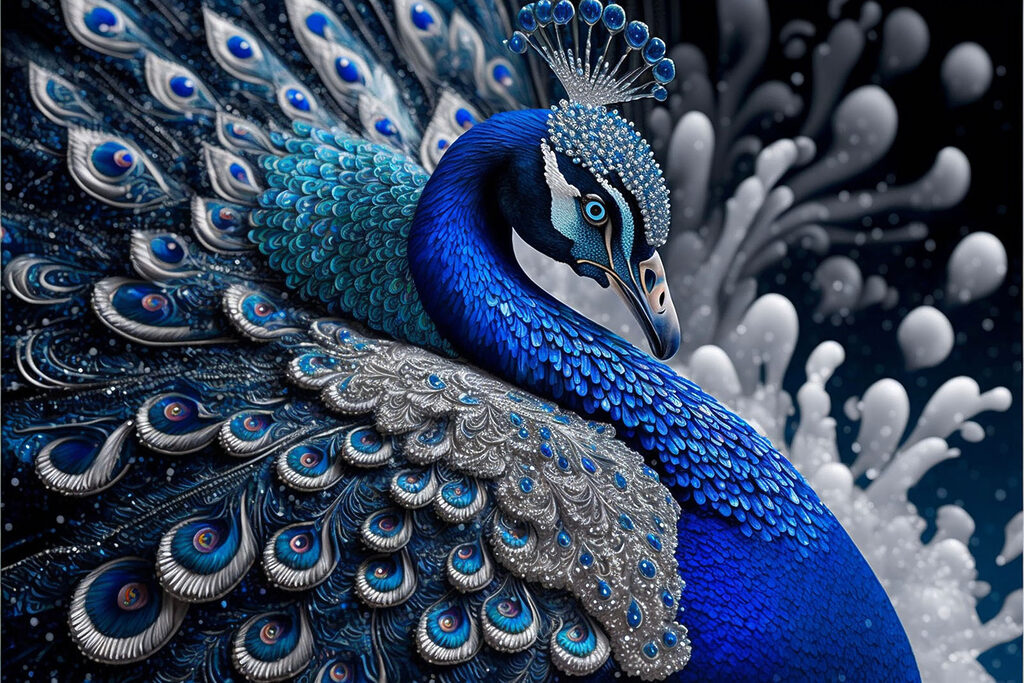 A blue and silver peacock