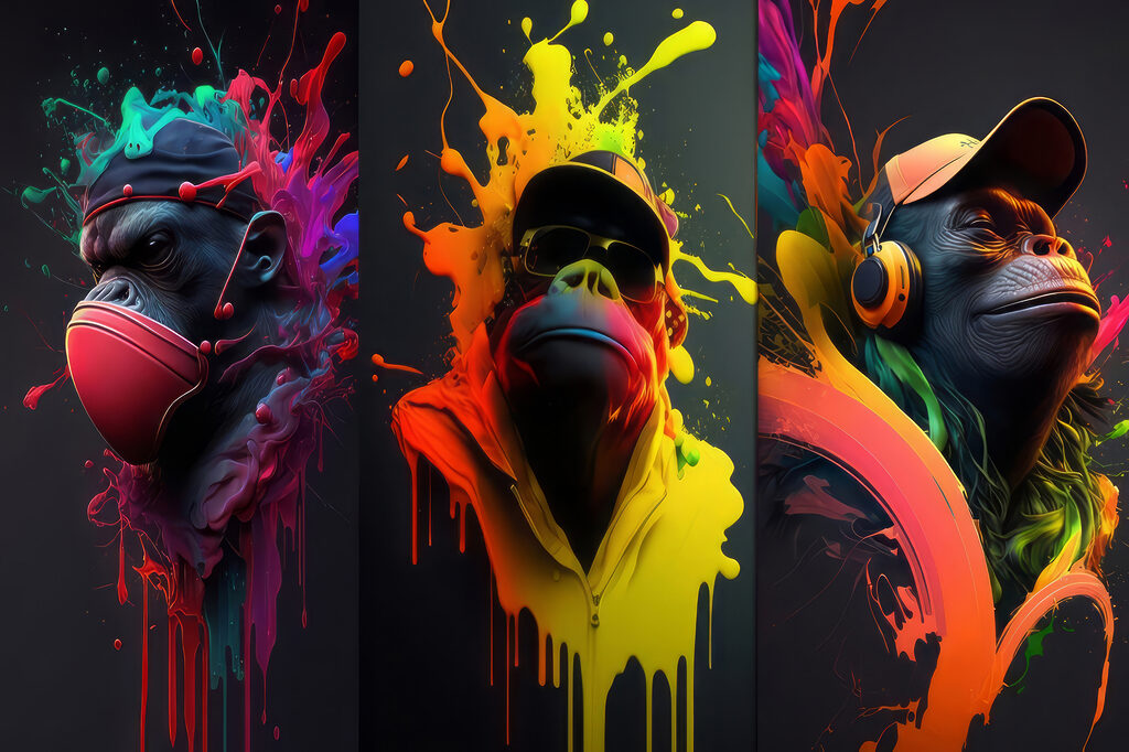 A collage of images of a monkey with colorful paint splashes