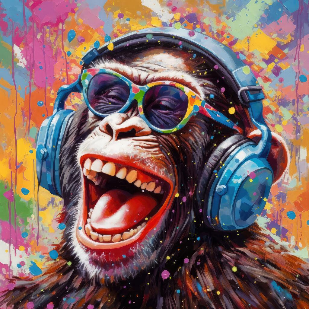A monkey wearing headphones and sunglasses