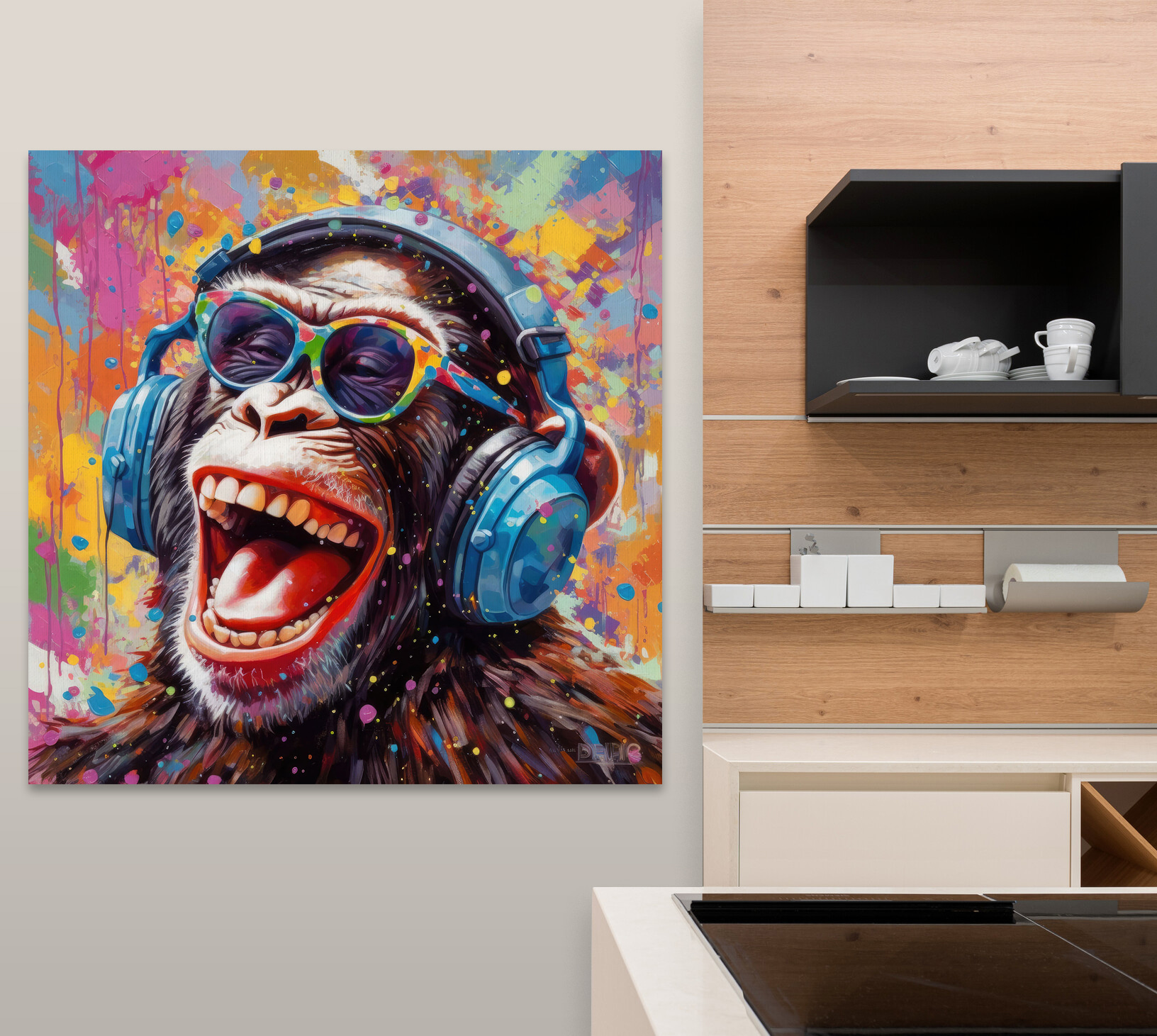 A monkey wearing headphones and sunglasses