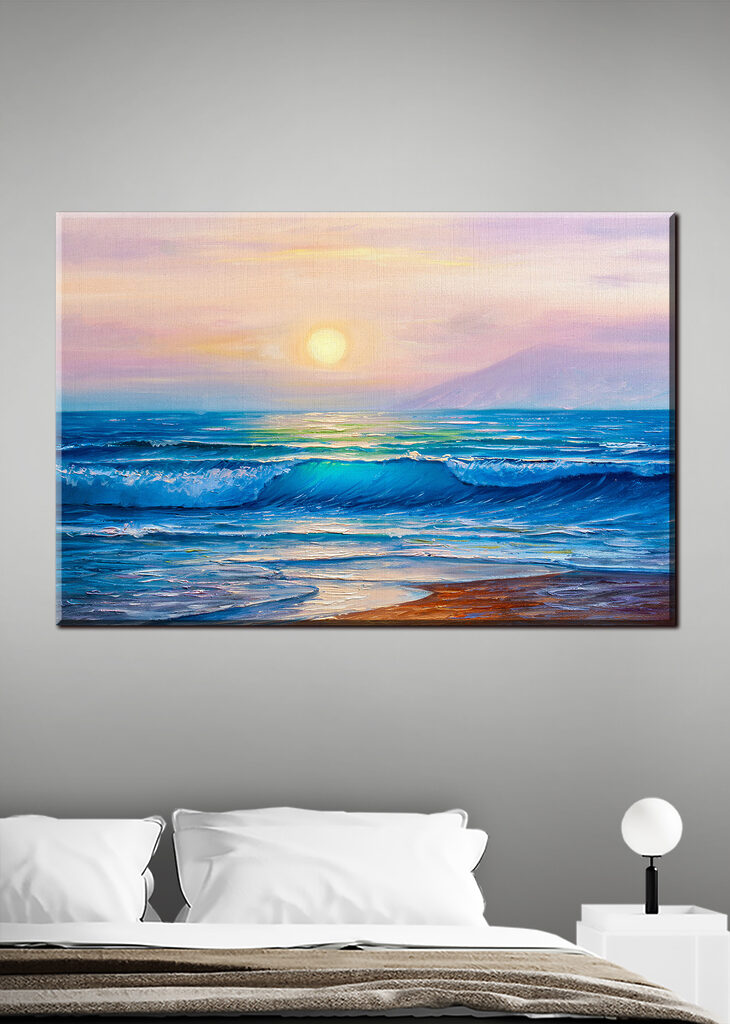 A painting of a beach with waves and a sunset A painting of a beach with waves and a sunset