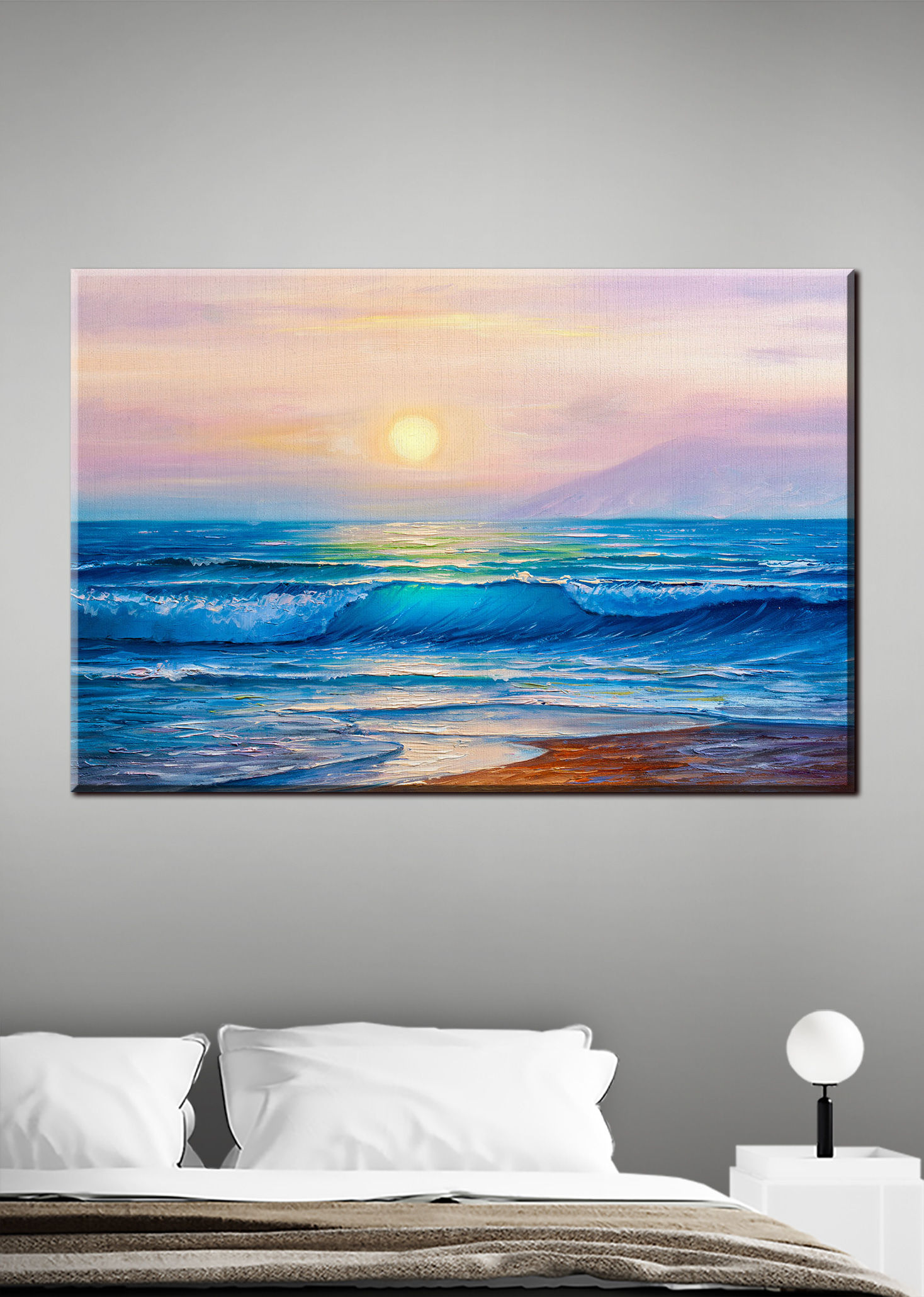 A painting of a beach with waves and a sunset A painting of a beach with waves and a sunset
