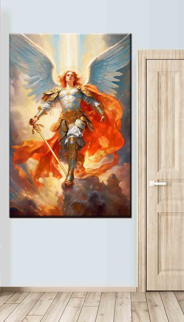 A painting of a person in armor with wings and a sword