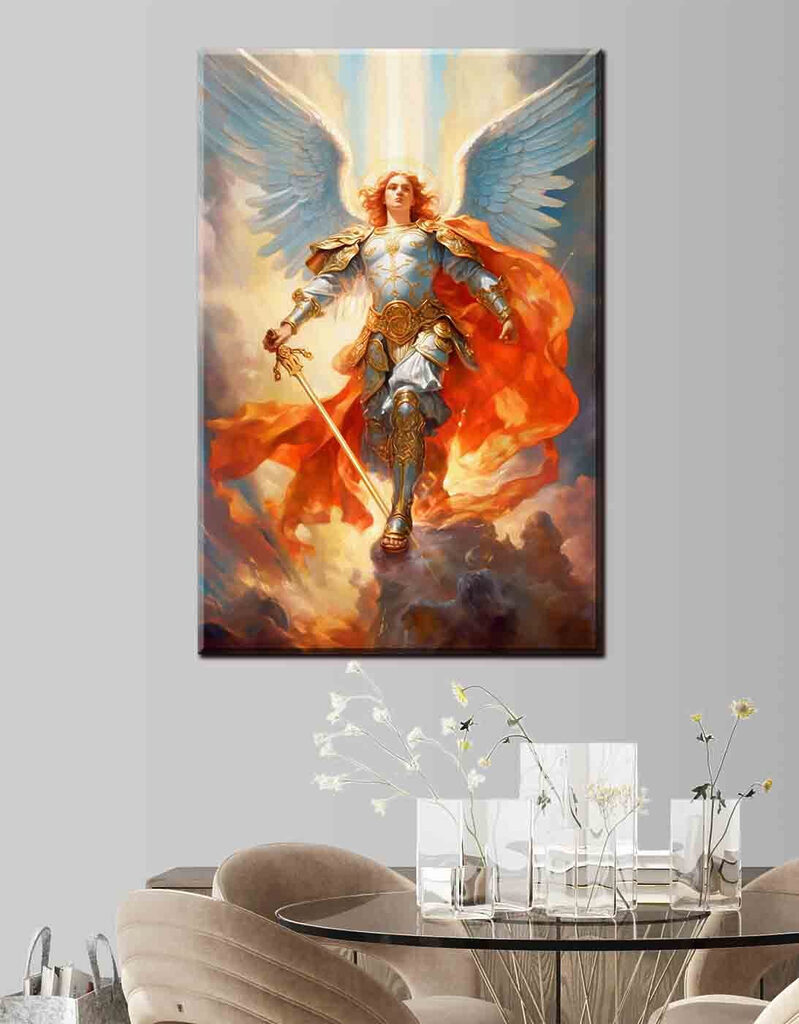 A painting of a person in armor with wings and a sword