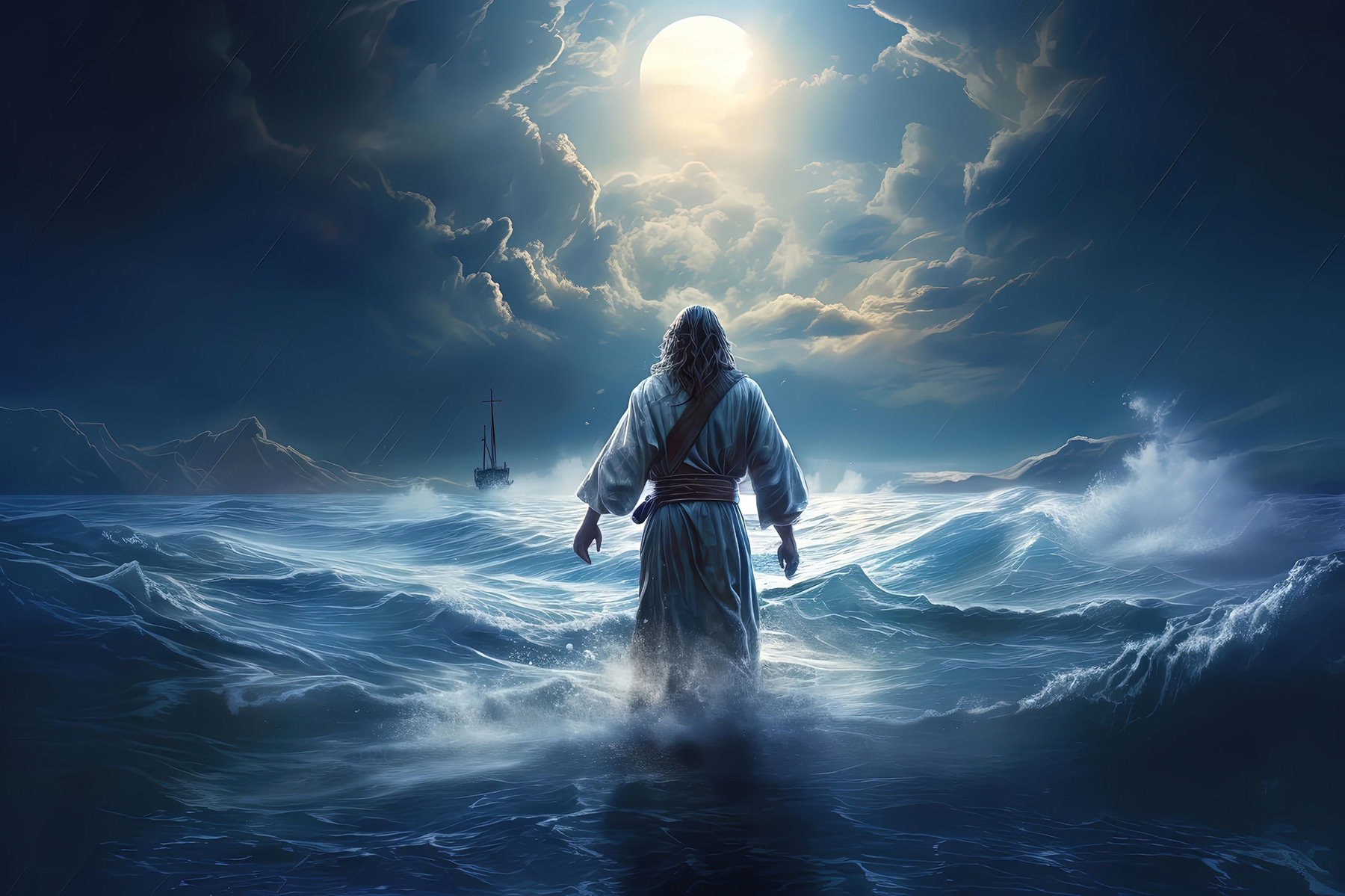 A man in a robe standing in the water