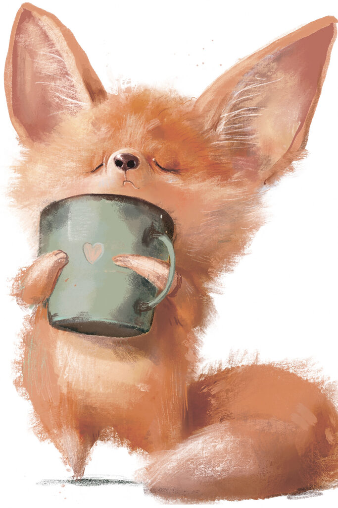A fox holding a mug