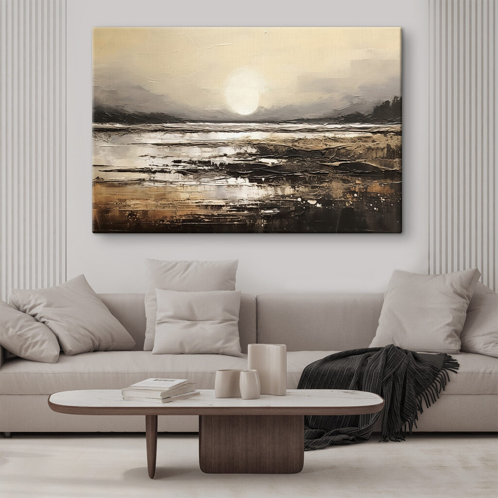 A painting of a beach with the sun in the background A painting of a beach with the sun in the background