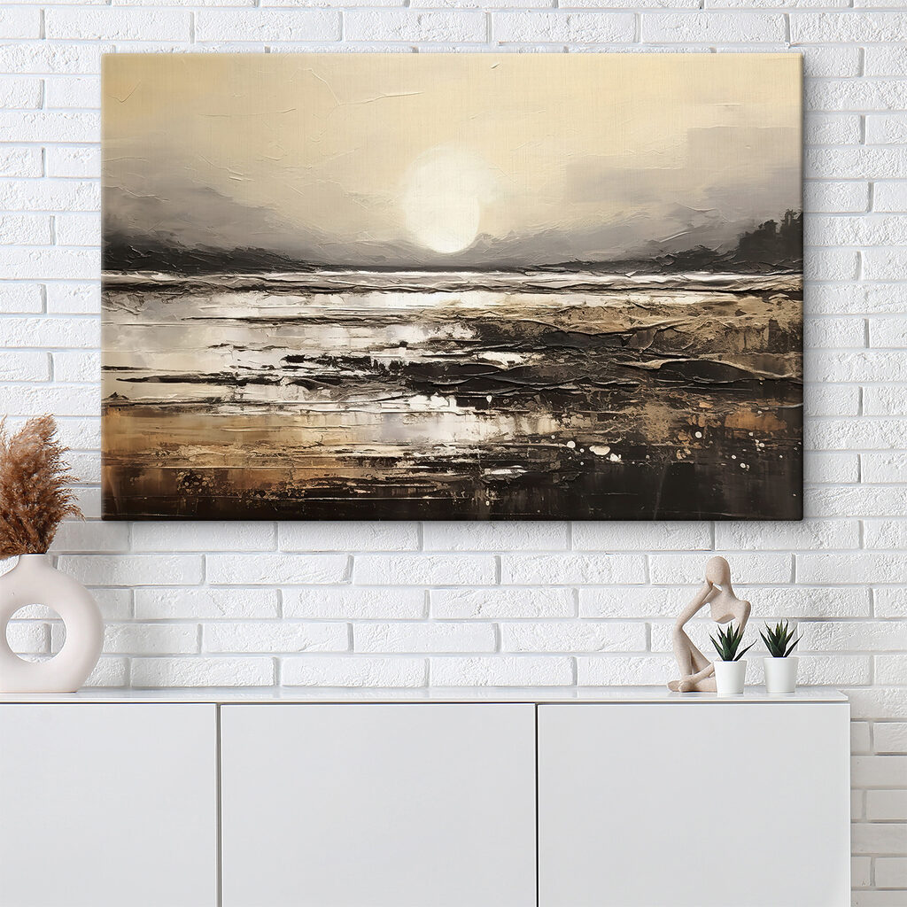 A painting of a beach with the sun in the background A painting of a beach with the sun in the background