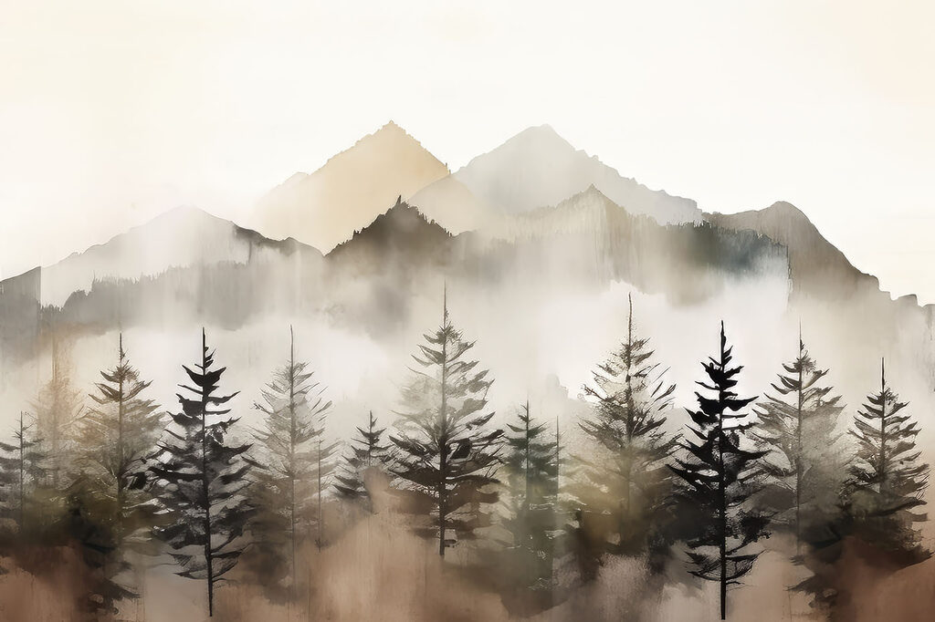 A foggy mountain range with trees
