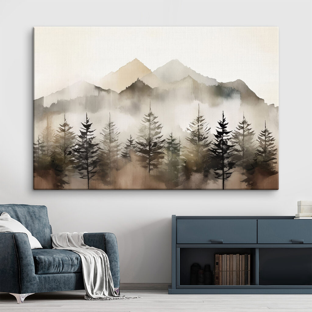 A foggy mountain range with trees