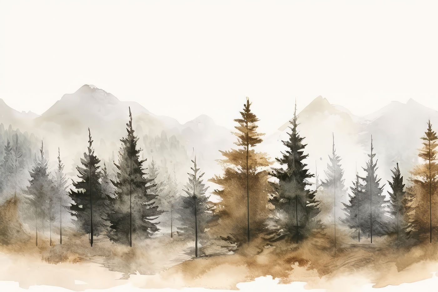 Watercolor of trees and mountains