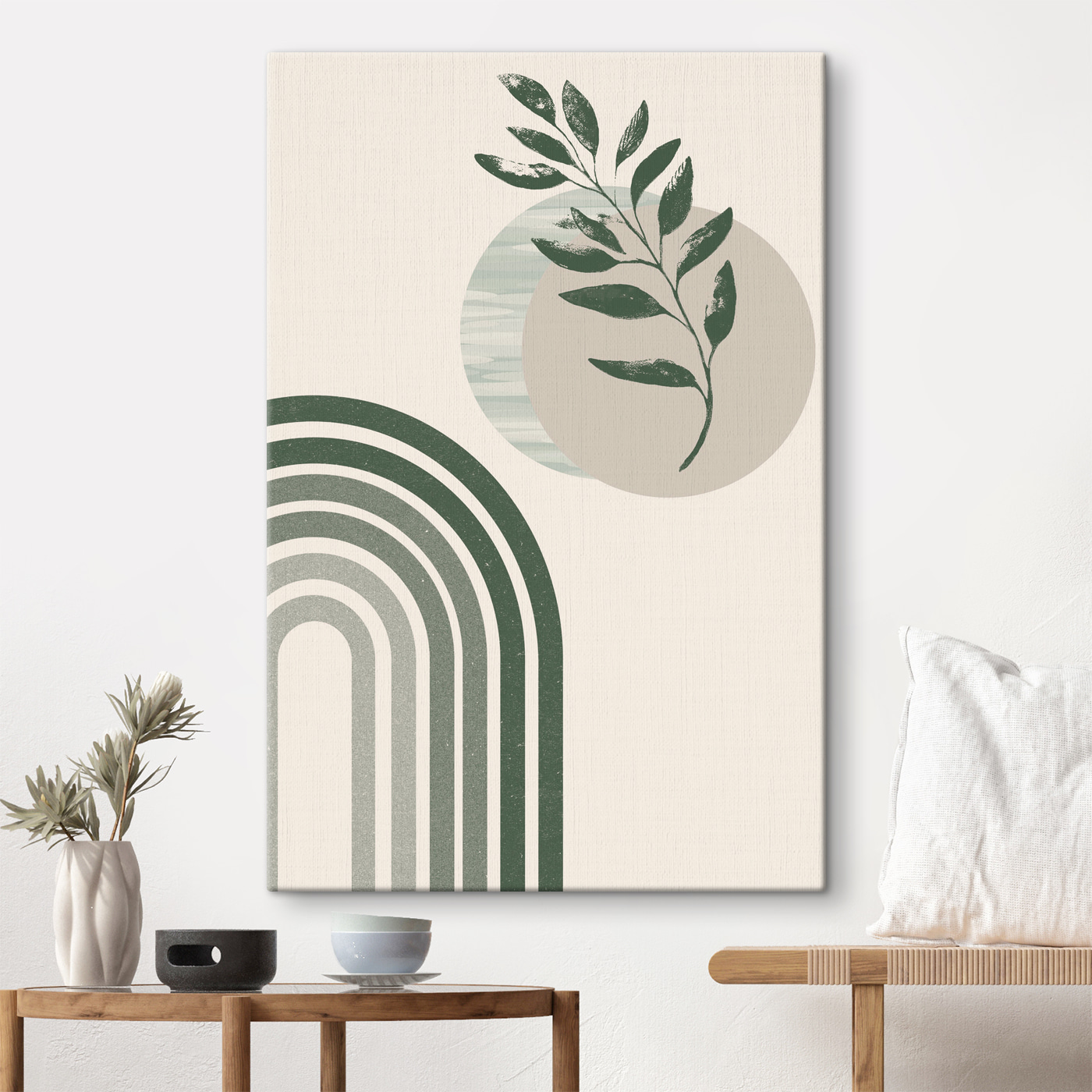 A green and white rainbow with a leaf and a plant