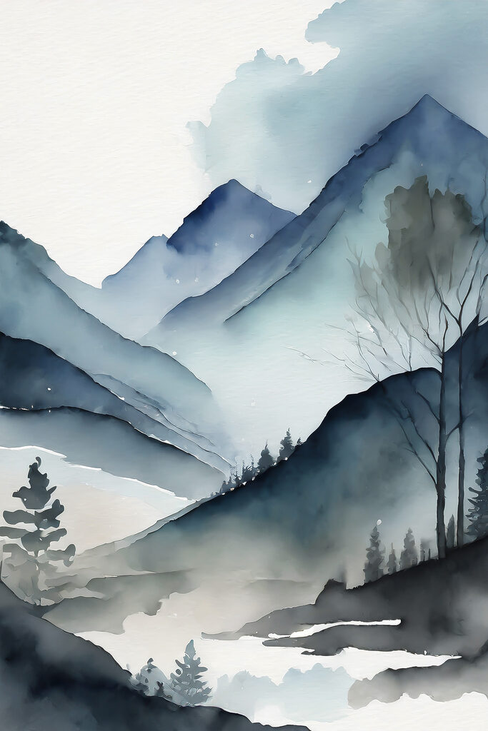 Watercolor of a mountain range with trees and fog