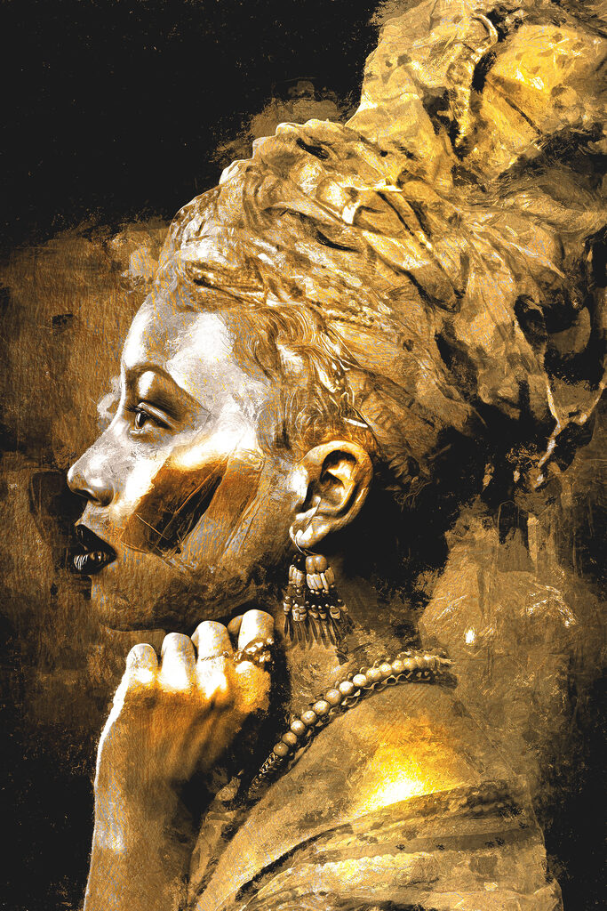 A woman with a turban and a hand on her chin