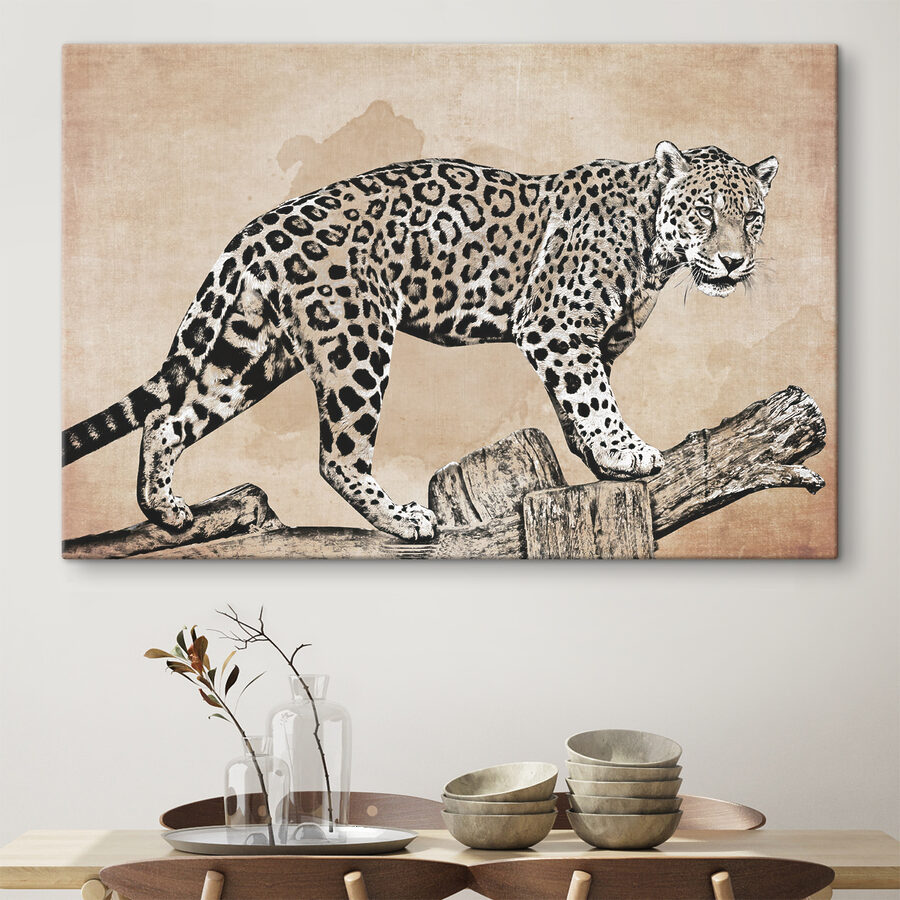 Kresba leoparda kráčejícího po kládě