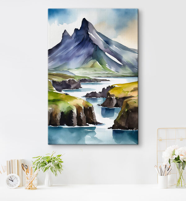 Watercolor painting of a mountain and a river