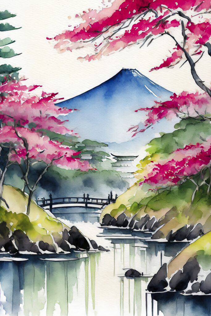 Watercolor painting of a mountain and trees with pink flowers Watercolor painting of a mountain and trees with pink flowers