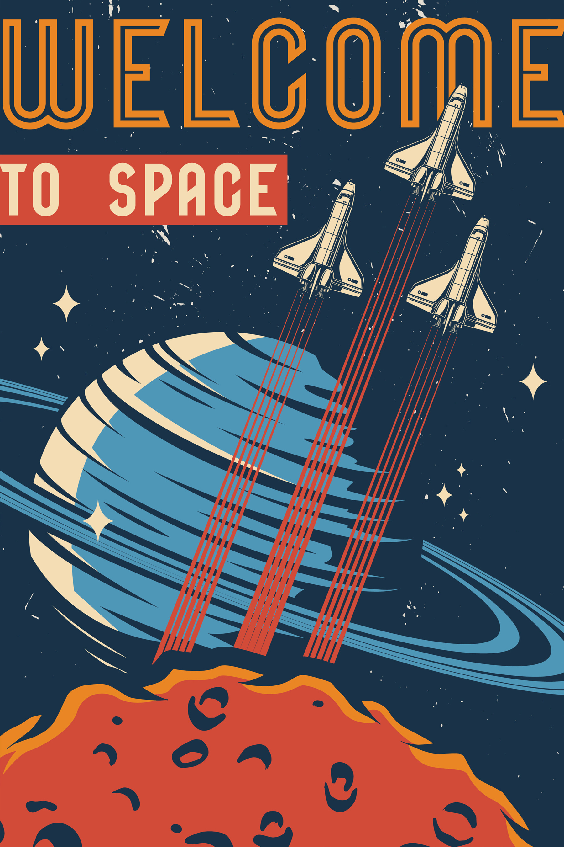 A poster with space shuttles flying in the sky