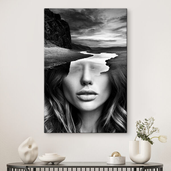 A woman's face with a river and mountains