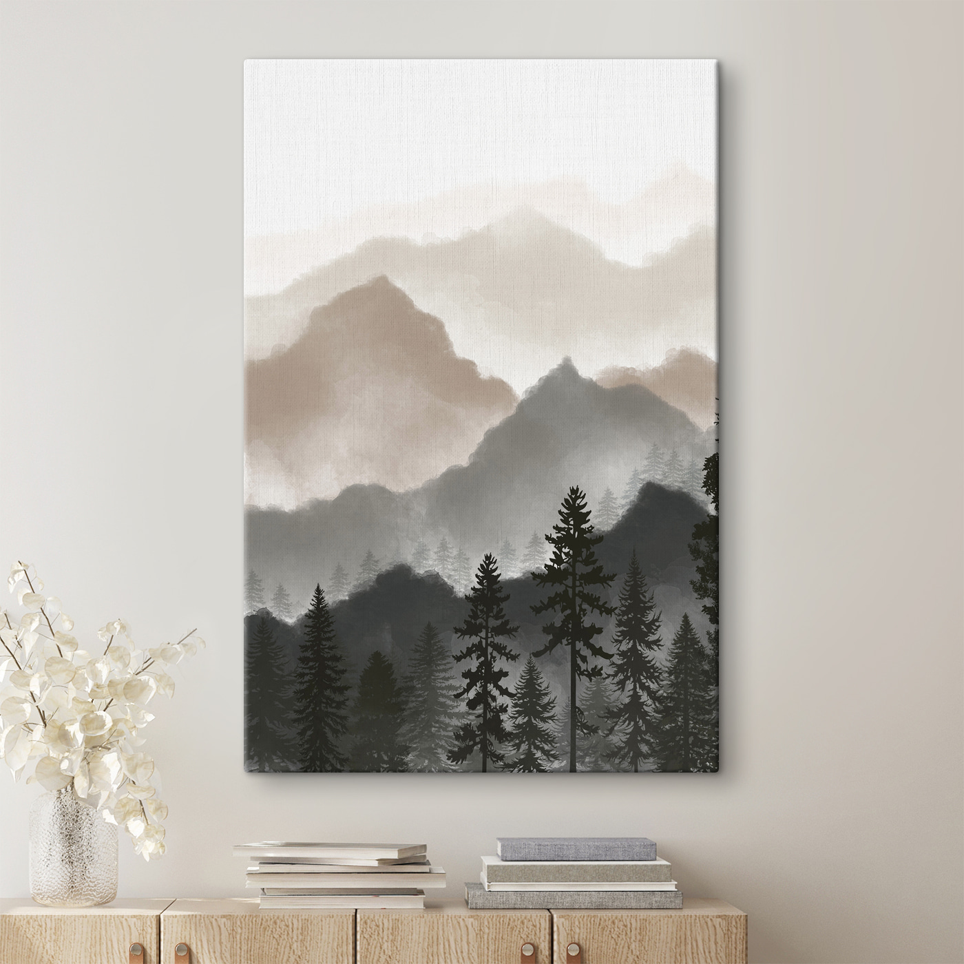 A landscape of mountains and trees