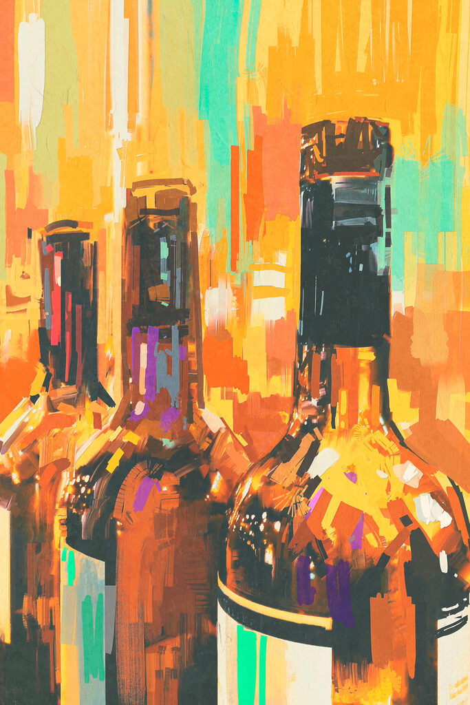 A group of bottles with a colorful background A group of bottles with a colorful background