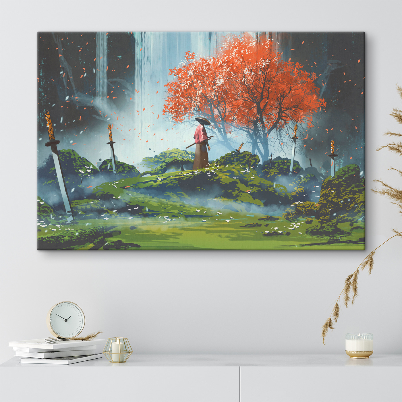 A person standing in a field with swords