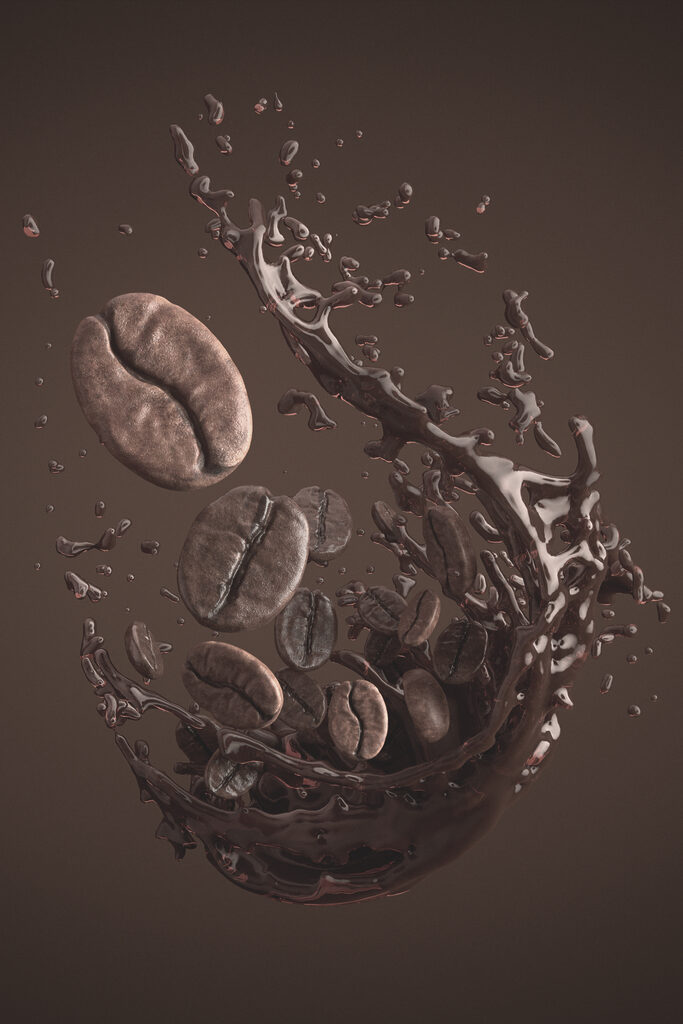 Coffee beans falling into a liquid