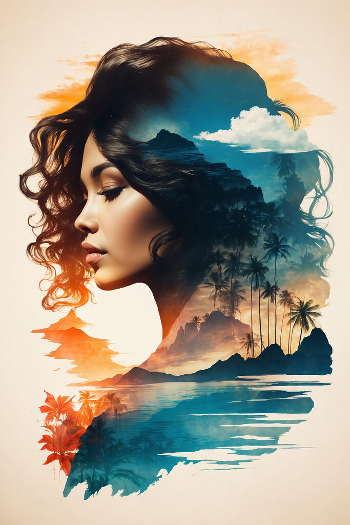 A woman's face and a landscape