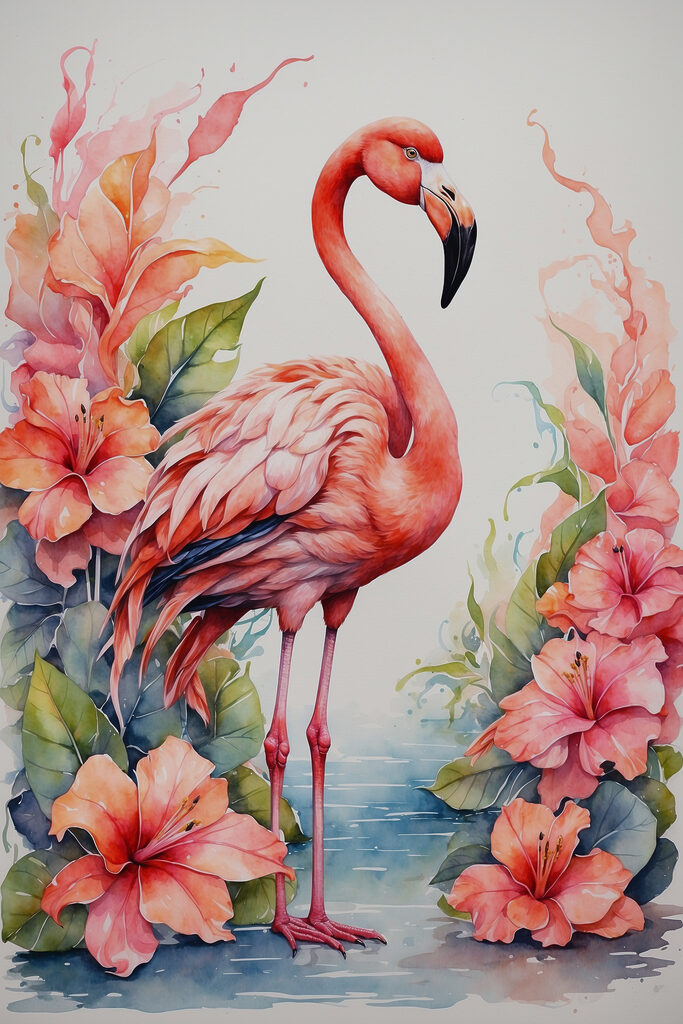 A flamingo and flowers