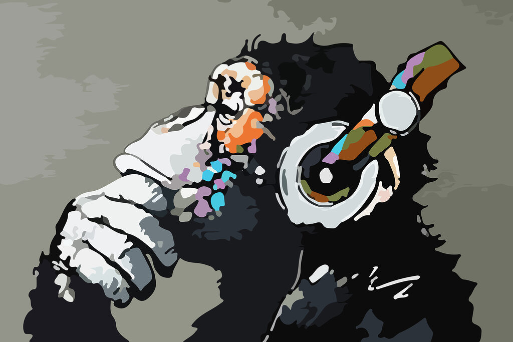 A cartoon of a monkey holding a headphone