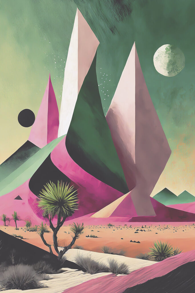 A desert landscape with trees and mountains