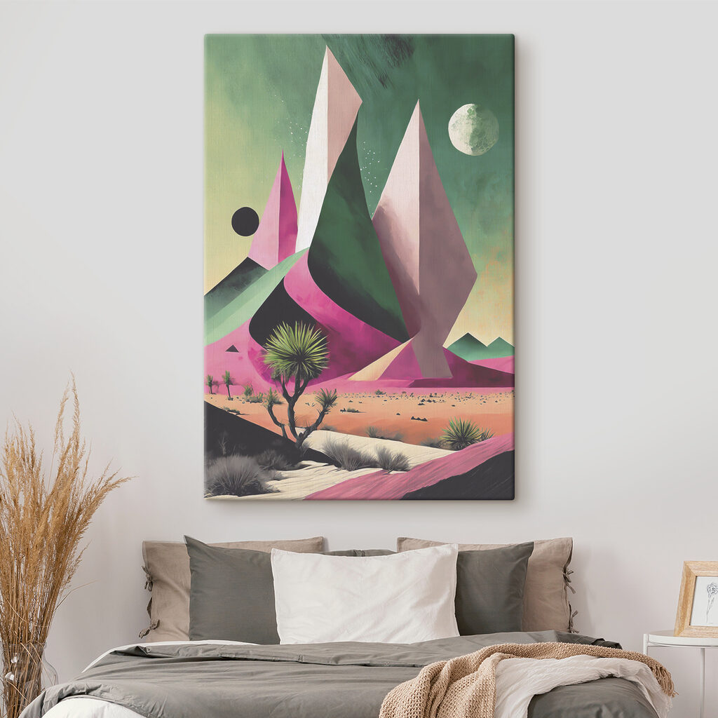 A desert landscape with trees and mountains