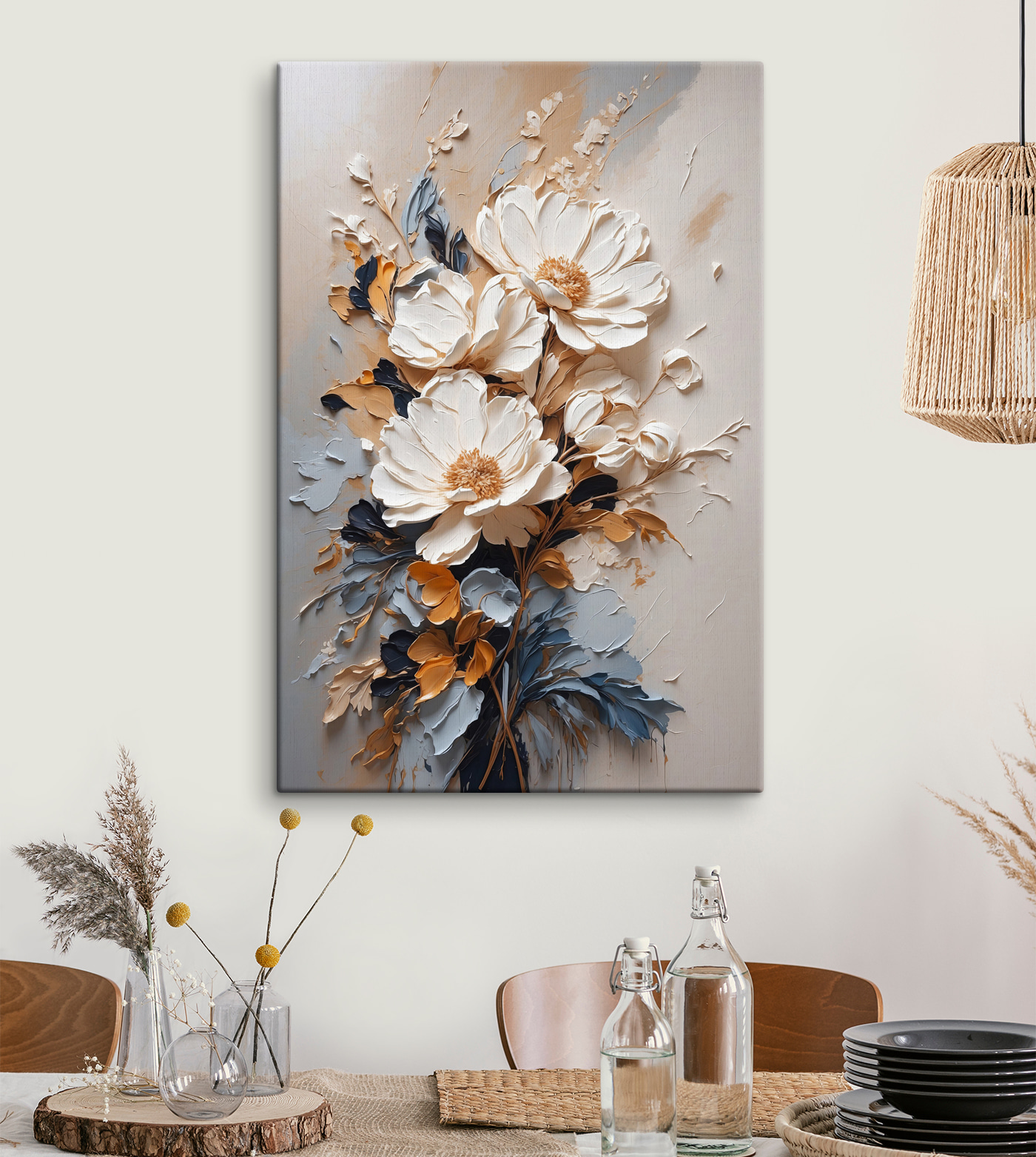A painting of flowers on a wall