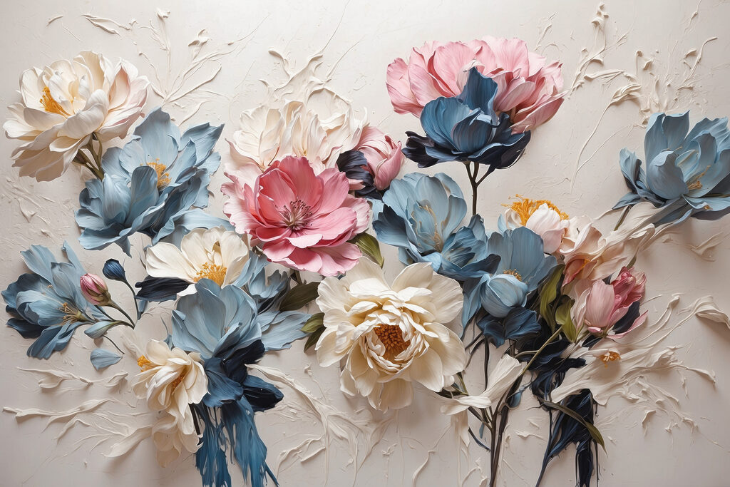 A painting of flowers on a white surface A painting of flowers on a white surface