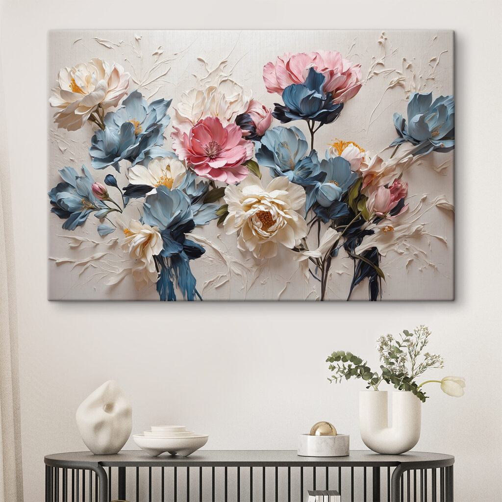 A painting of flowers on a white surface A painting of flowers on a white surface