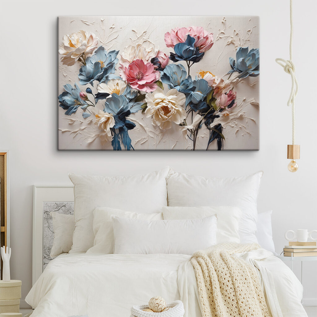 A painting of flowers on a white surface A painting of flowers on a white surface