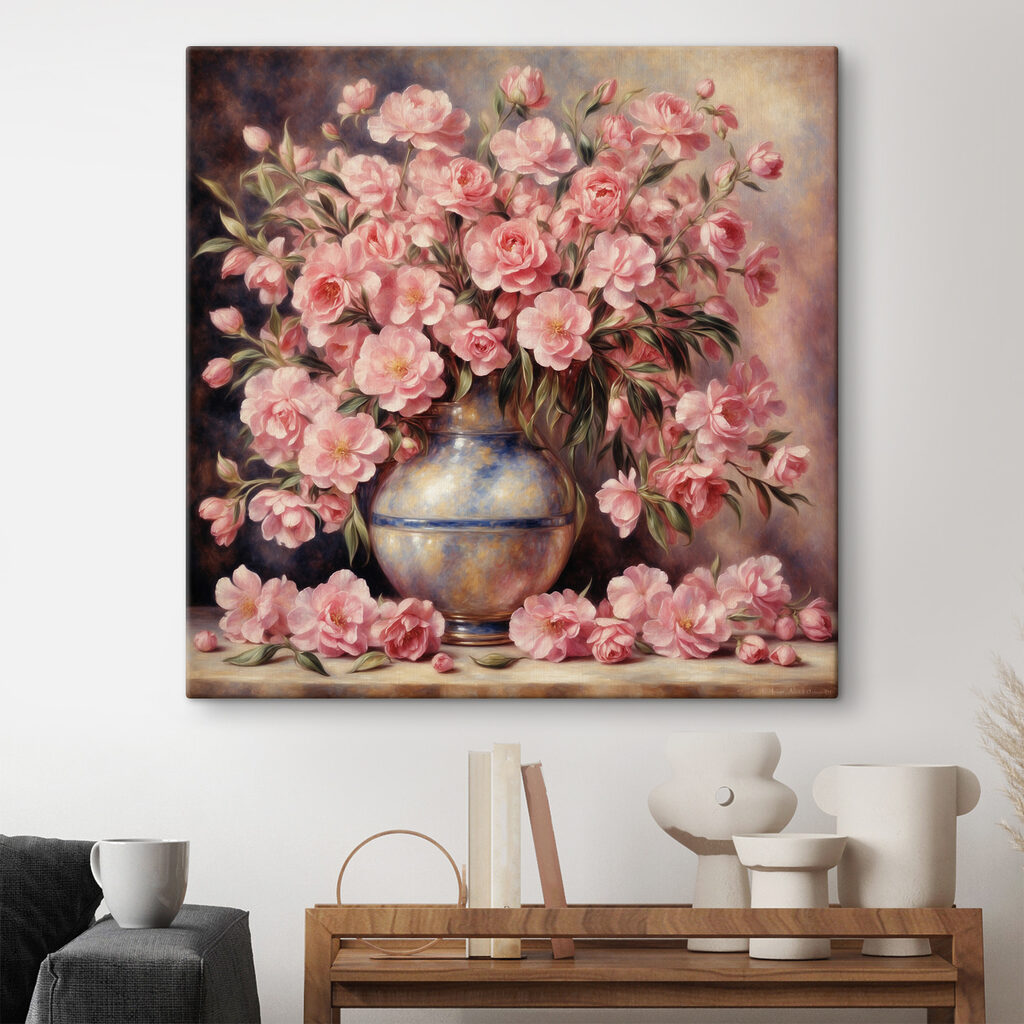 A painting of pink flowers in a vase