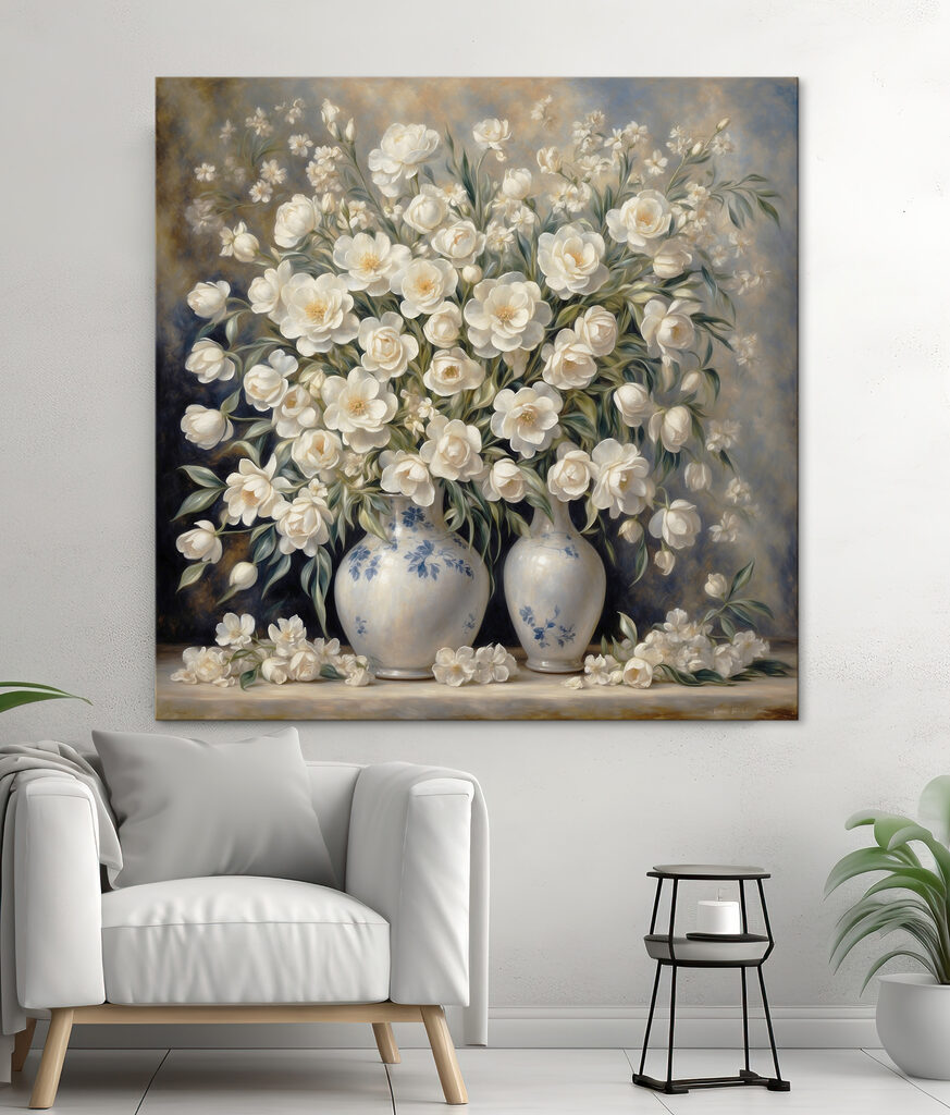 A painting of white flowers in vases