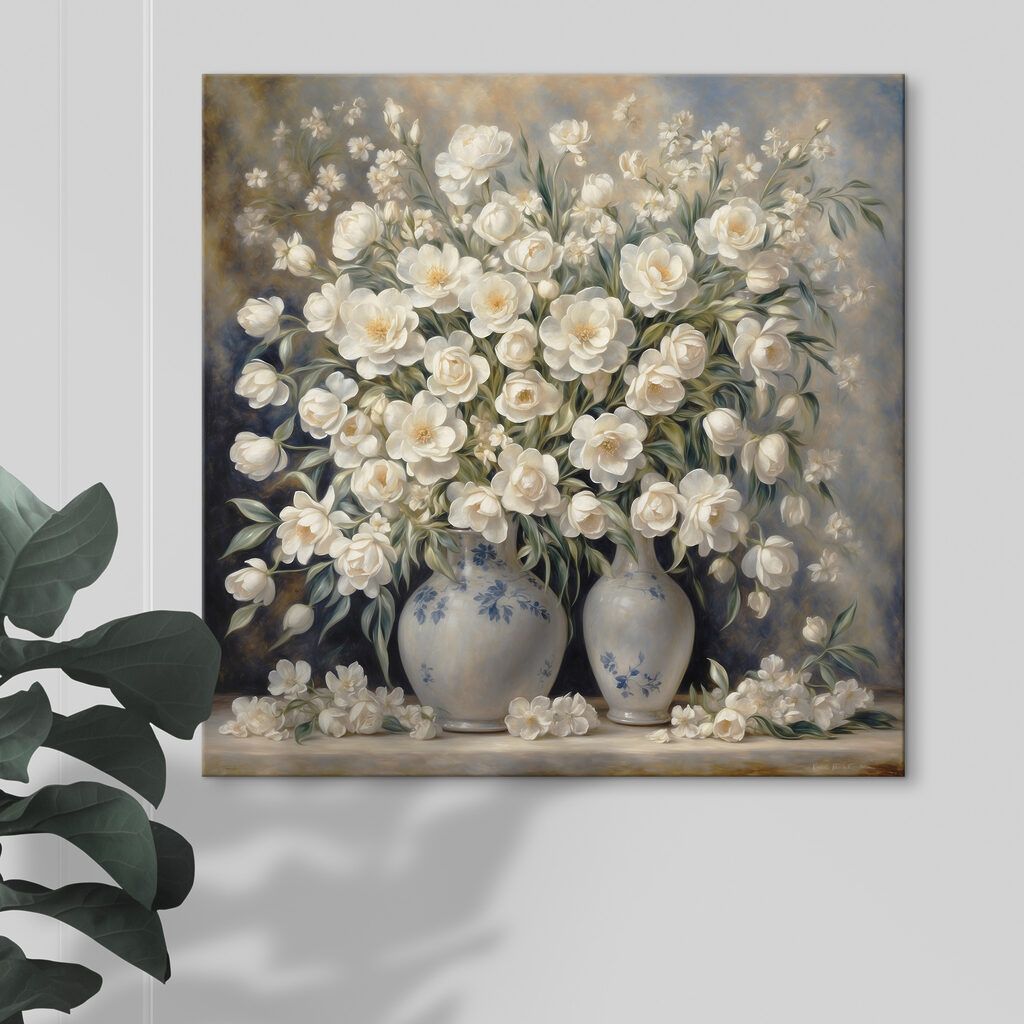 A painting of white flowers in vases